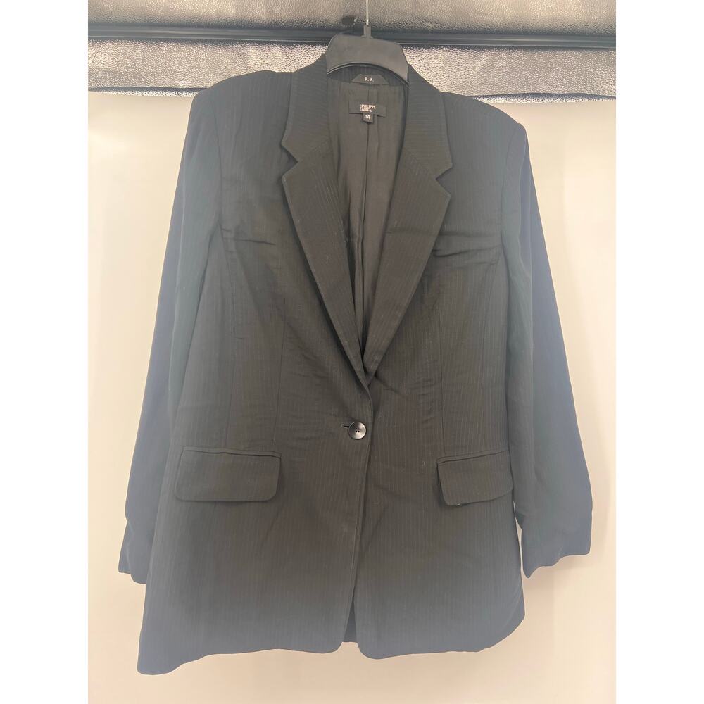 Vtg Emanuel Ungaro Women Black Pin Stripe Wool 97% Blazer Jacket 14/48 Workwear